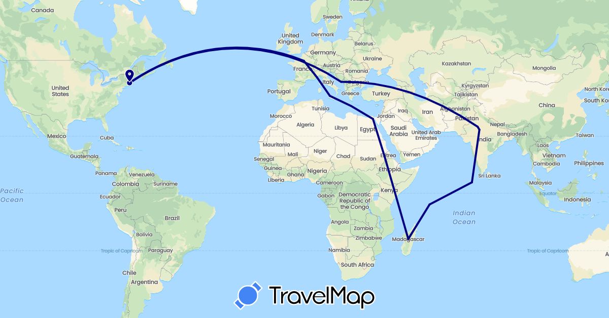 TravelMap itinerary: driving in Egypt, France, Croatia, India, Italy, Madagascar, Maldives, Seychelles, United States (Africa, Asia, Europe, North America)